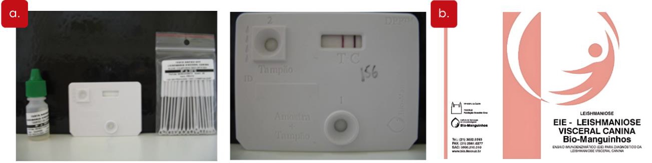 Imagem composta por duas partes identificadas pelas letras “a.” e “b.”. Em “a.”, há fotos do kit do teste imunocromatográfico DPP para diagnóstico de leishmaniose visceral canina, incluindo um frasco com reagente, dispositivo de teste branco com áreas identificadas para amostra e tampão, e hastes para aplicação, além de uma imagem ampliada do dispositivo mostrando linhas nas regiões C (controle) e T (teste), indicando resultado positivo. Em “b.”, imagem da embalagem do kit EIE-Leishmaniose Visceral Canina Bio-Manguinhos, com logotipo estilizado de figura humana em círculo e informações de contato do fabricante.​