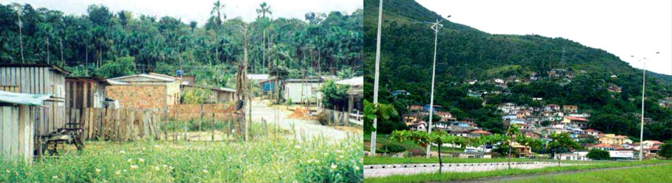  Fotografia composta por duas imagens. À esquerda (a), vista de um assentamento na região Norte do Brasil, com casas simples feitas de madeira e tijolos, cercadas por vegetação rasteira e ao fundo uma densa floresta com palmeiras altas. À direita (b), vista de uma ocupação em encosta na Serra do Mar, com diversas casas coloridas distribuídas ao longo do morro, rodeadas por vegetação e árvores, com postes de iluminação e uma estrada em primeiro plano.​