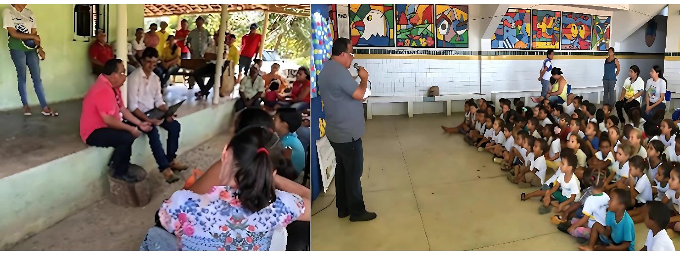 Imagem composta por duas fotos lado a lado.​
					À esquerda: reunião em área rural do sítio Xixá. Um grupo de adultos está reunido em um alpendre simples, alguns sentados em bancos e outros em pé. Um homem de camisa vermelha e outro de camisa clara estão em destaque, conversando com a comunidade.​
					À direita: atividade em área urbana. Um homem com microfone fala para um grupo grande de crianças sentadas no chão de uma sala ampla e clara, com murais coloridos na parede ao fundo. Algumas mulheres acompanham a atividade, sentadas em bancos.​​